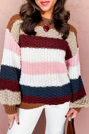 burgundy pullover sweater with striped and round neck