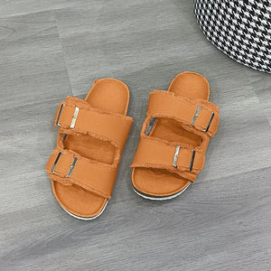 Tangerine denim frayed-edge buckle slides with silver buckles.