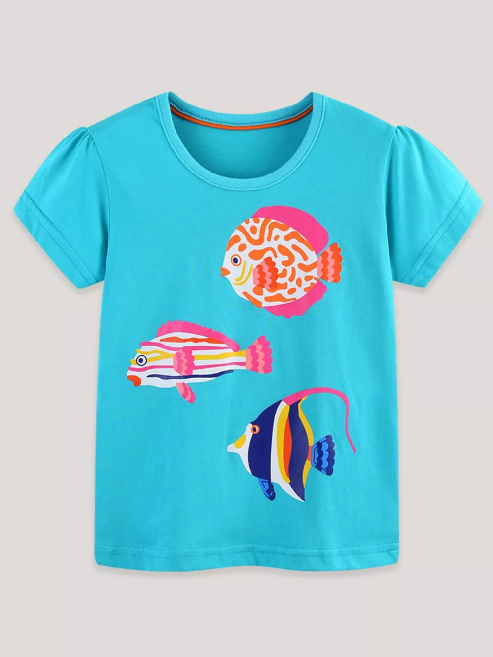 Blue cotton t-shirt with playful fish print and puffed sleeves