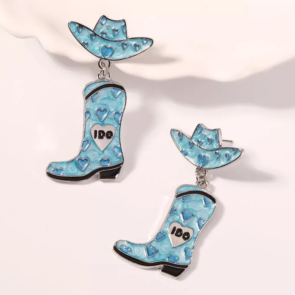 Sky blue cowgirl hat and boot dangle earrings with heart pattern and I DO detail.