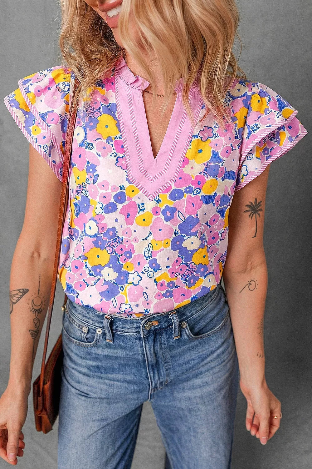 Floral Print Striped Color Block V Neck Blouse