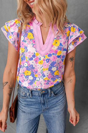 Floral Print Striped Color Block V Neck Blouse