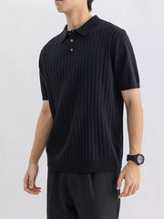 Black ribbed knit short sleeve polo shirt for men with button placket.