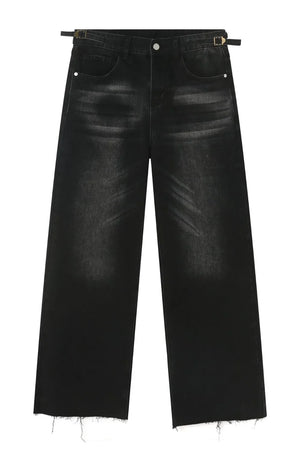 Dark wash denim barrel leg jeans with distressed details and adjustable buckle waistbands.