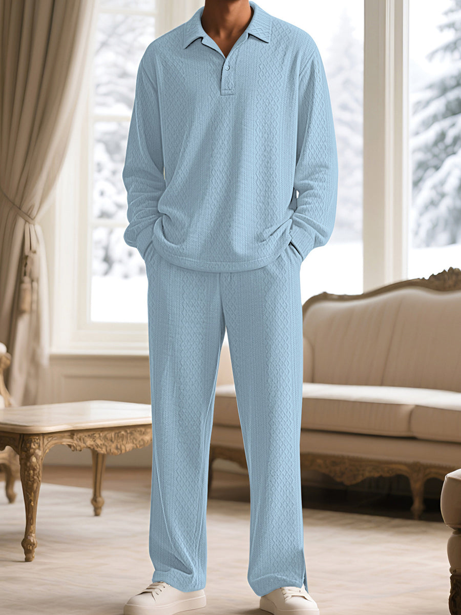 Grey Men's Textured Long Sleeve Top And Pants Set