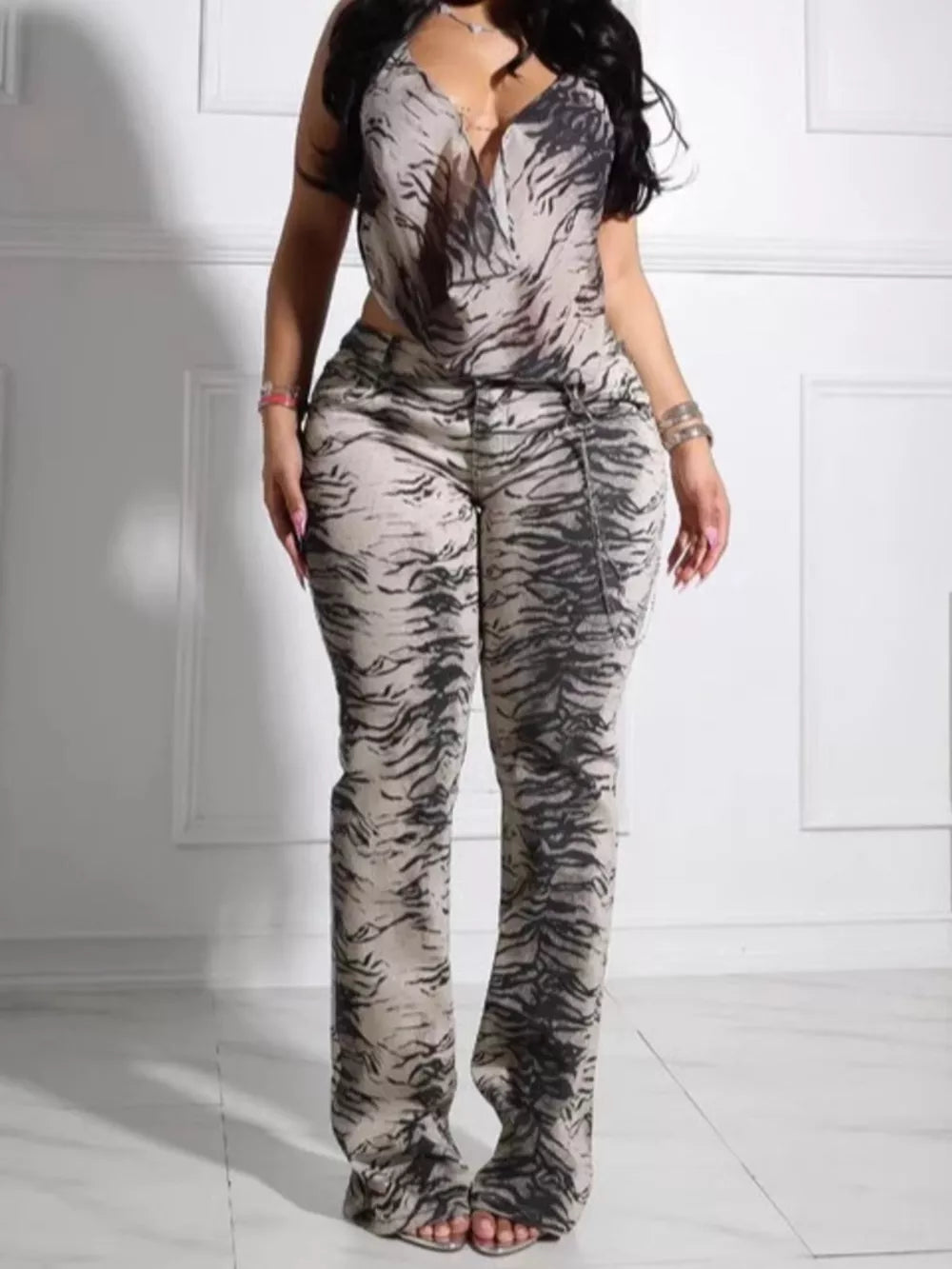 Zebra Animal Print Sleeveless Top And Pants Set