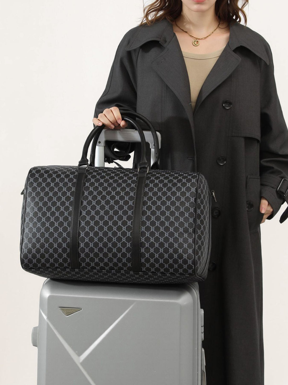 charcoal PU Leather Imported Size &amp duffel bag with geometric and zip