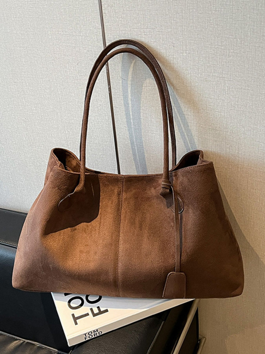 Suede Solid Color Tote Bag in chocolate brown with shoulder straps