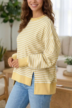 Stripe Textured Knit Color Block Long Sleeve Top in Blush Pink