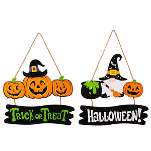 Halloween wall decor trio with pumpkins, a gnome, and festive signs.