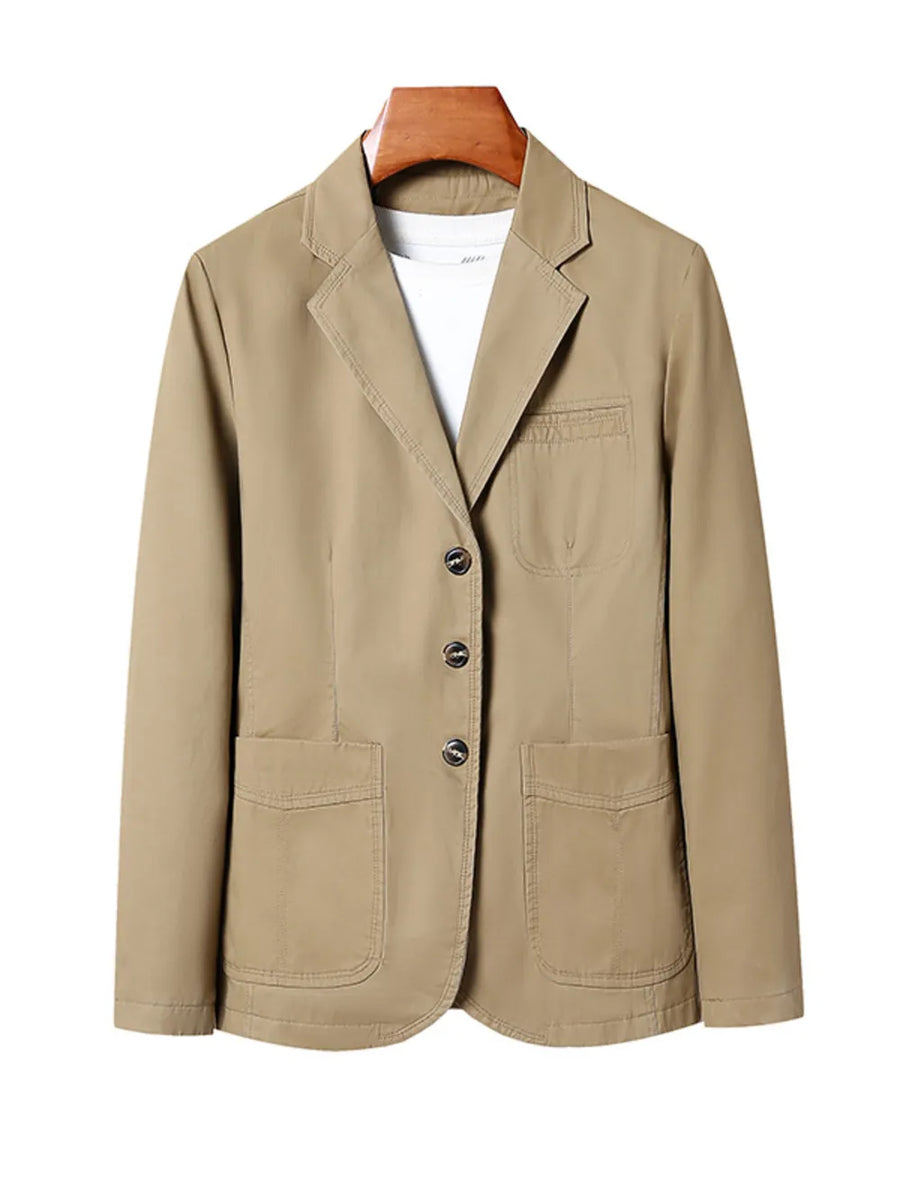 Khaki cotton lapel blazer for men with two button closure and patch pockets.