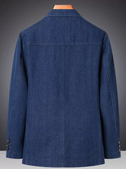 Textured dark blue denim blazer with notched lapels and buttoned cuffs.