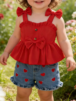 Red bowknot ruffle top with heart print denim shorts set