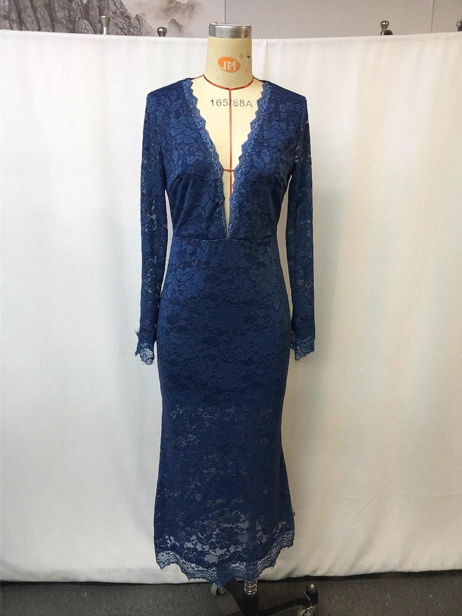 Navy lace long sleeve midi dress with deep V-neck and lace trim