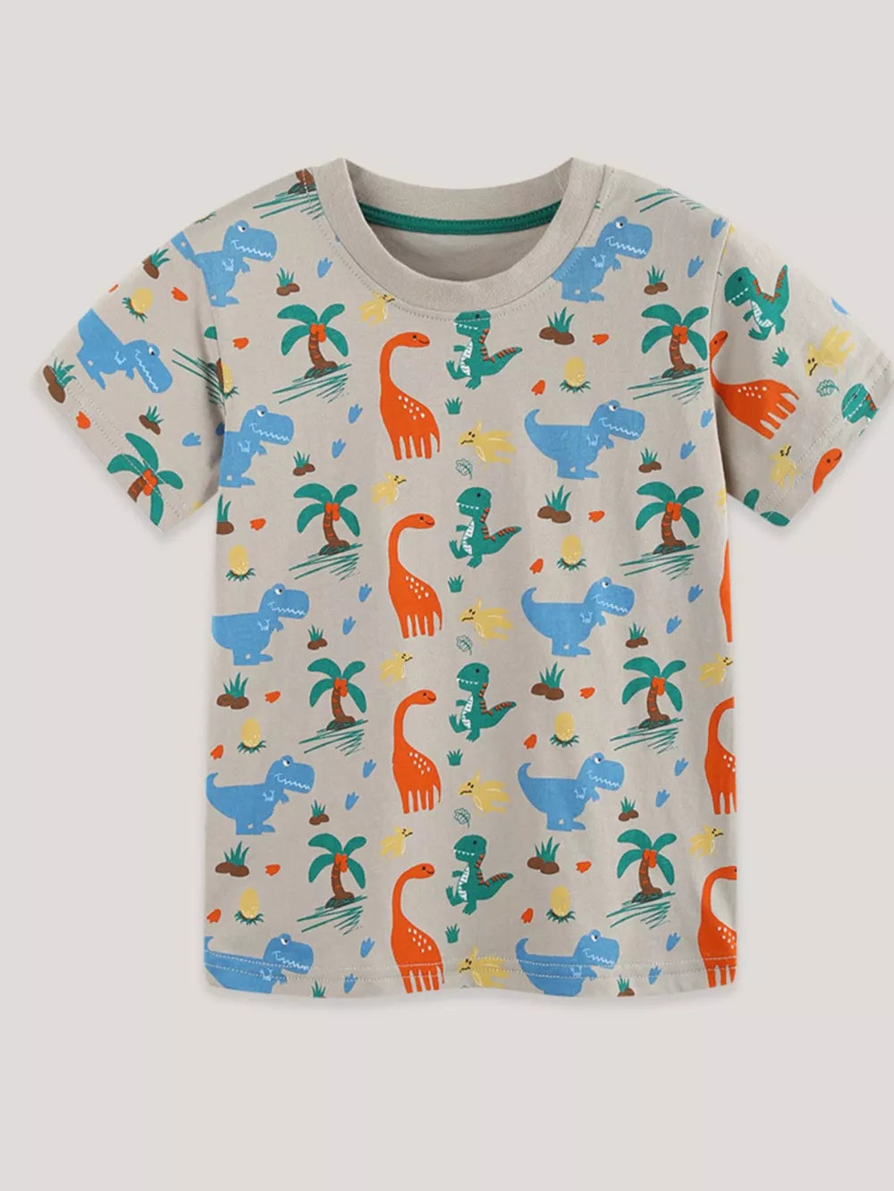 Toddler crew-neck tee in grey with a dinosaur and palm tree print, short sleeves, cotton.