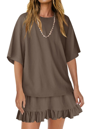 Brown ruffled tee and skirt set with relaxed fit and short sleeves.