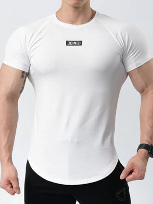 White performance raglan tee with black logo detail on chest