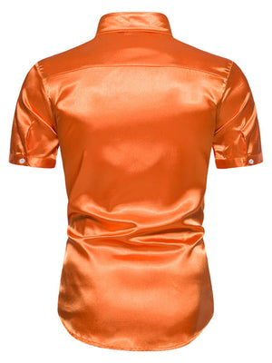 Men's orange red satin finish short sleeve button-up shirt