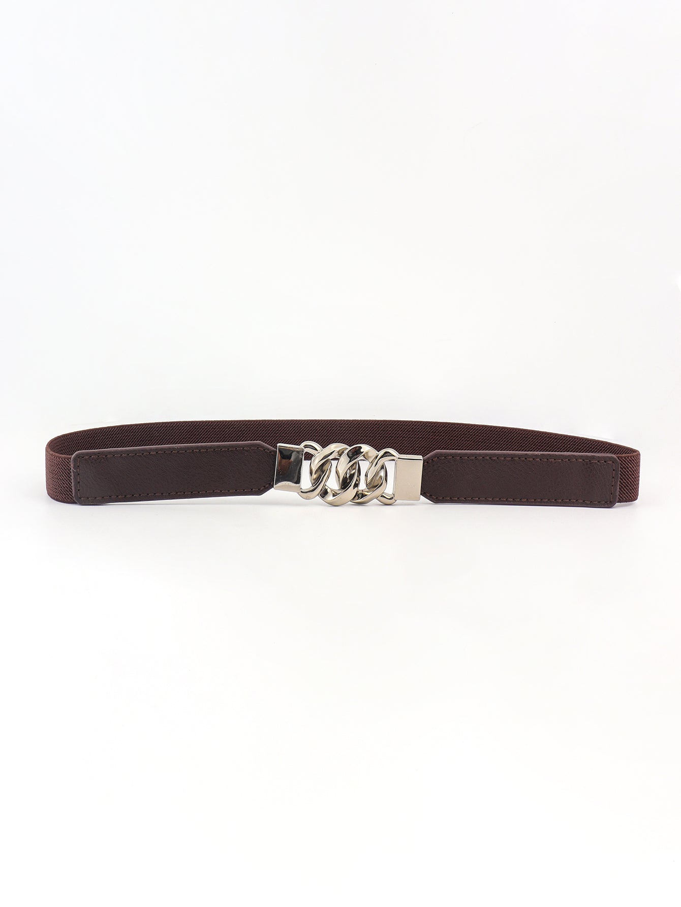 Chocolate faux leather belt with silver chain detail and elastic back.