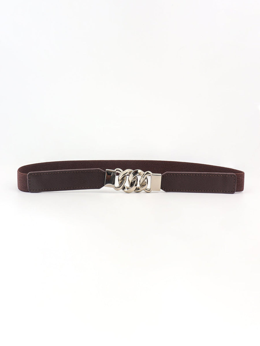 Chocolate faux leather belt with silver chain detail and elastic back.