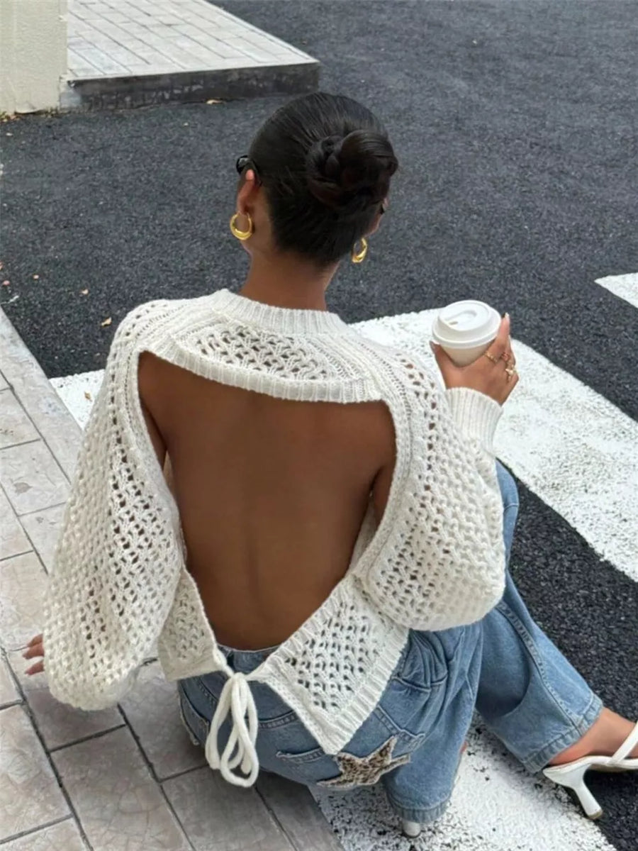 Crochet Knit Raglan Sleeve Sweater in Black