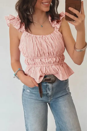 Charming striped ruffle sleeve blouse in dusty pink with smocked waist and square neckline.