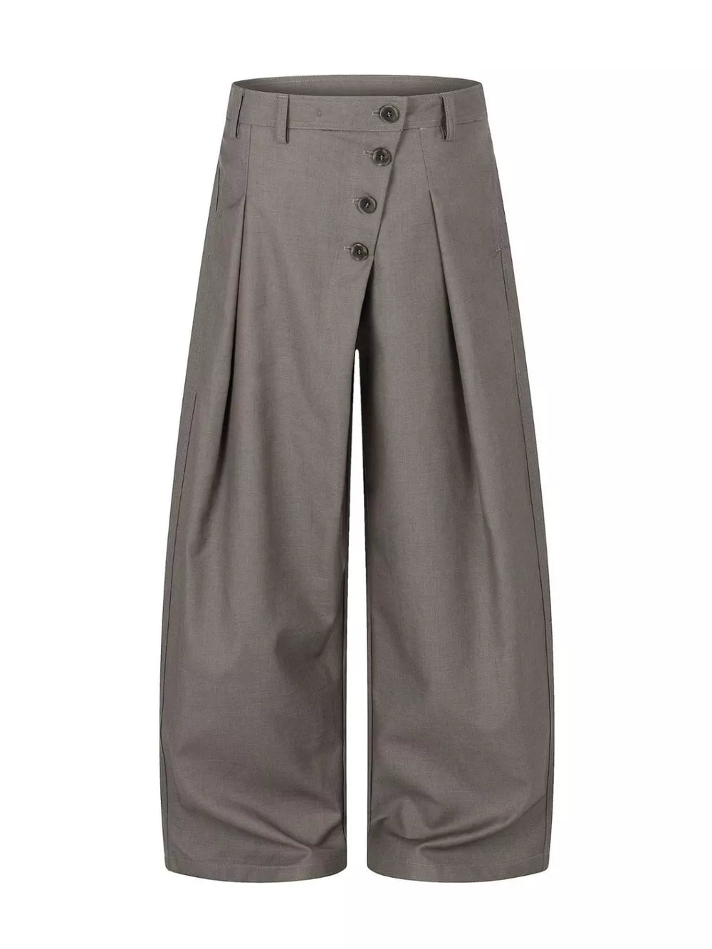 wide-leg pants in charcoal featuring asymmetrical button closure and wide-leg fit