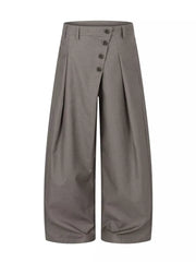 wide-leg pants in charcoal featuring asymmetrical button closure and wide-leg fit