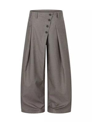 wide-leg pants in charcoal featuring asymmetrical button closure and wide-leg fit