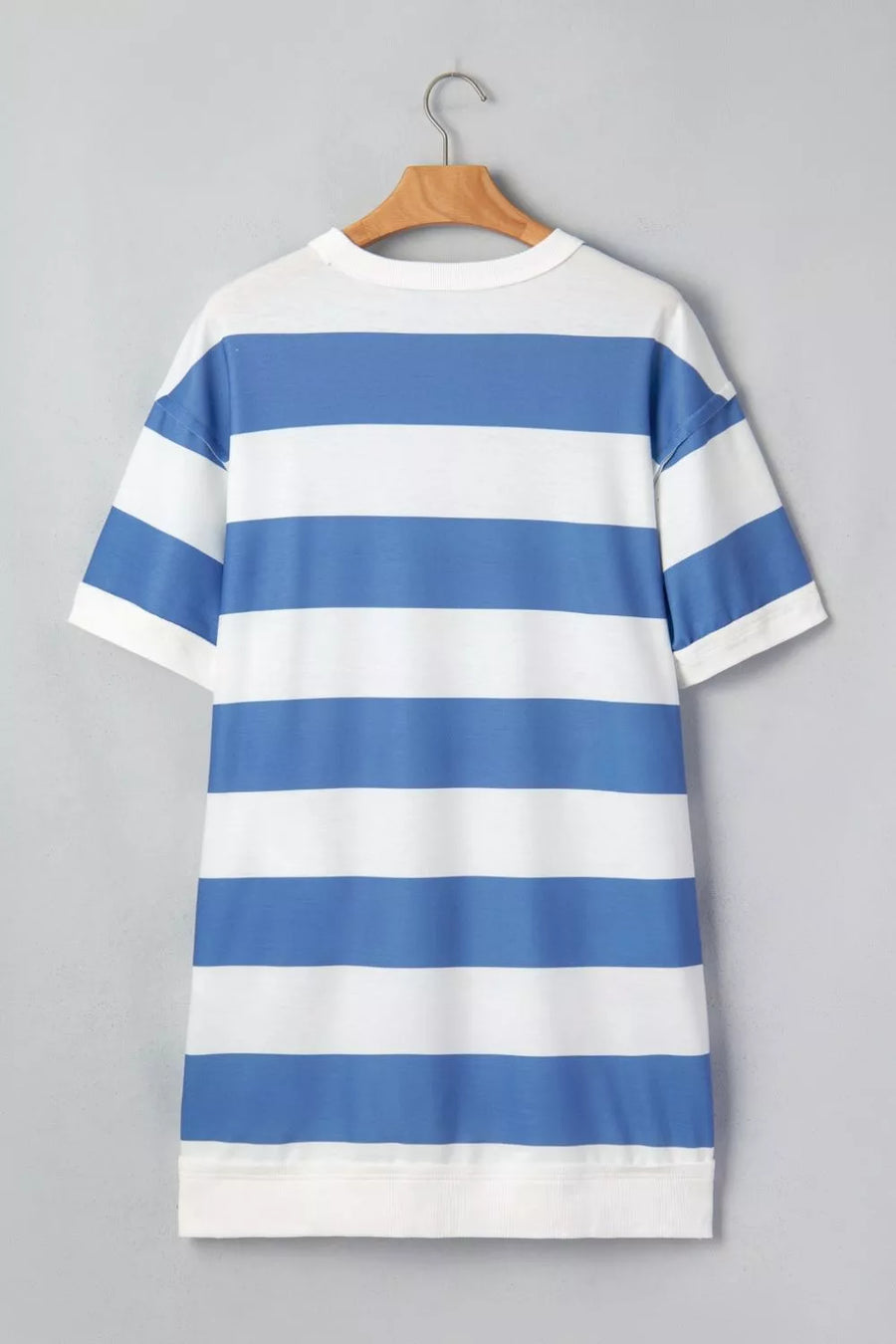 T-shirt dress with blue and white horizontal stripes, crew neck, and short sleeves.