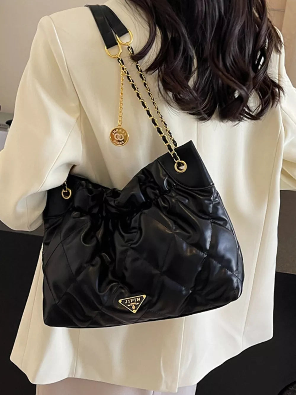 Black with Ruched Leather Shoulder Bag