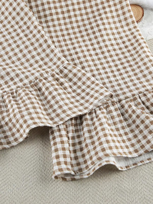 pajama set in light brown with buttoned and hip-length top, full-length pants
