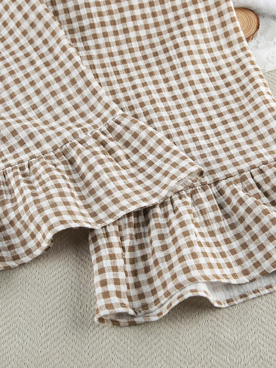 pajama set in light brown with buttoned and hip-length top, full-length pants