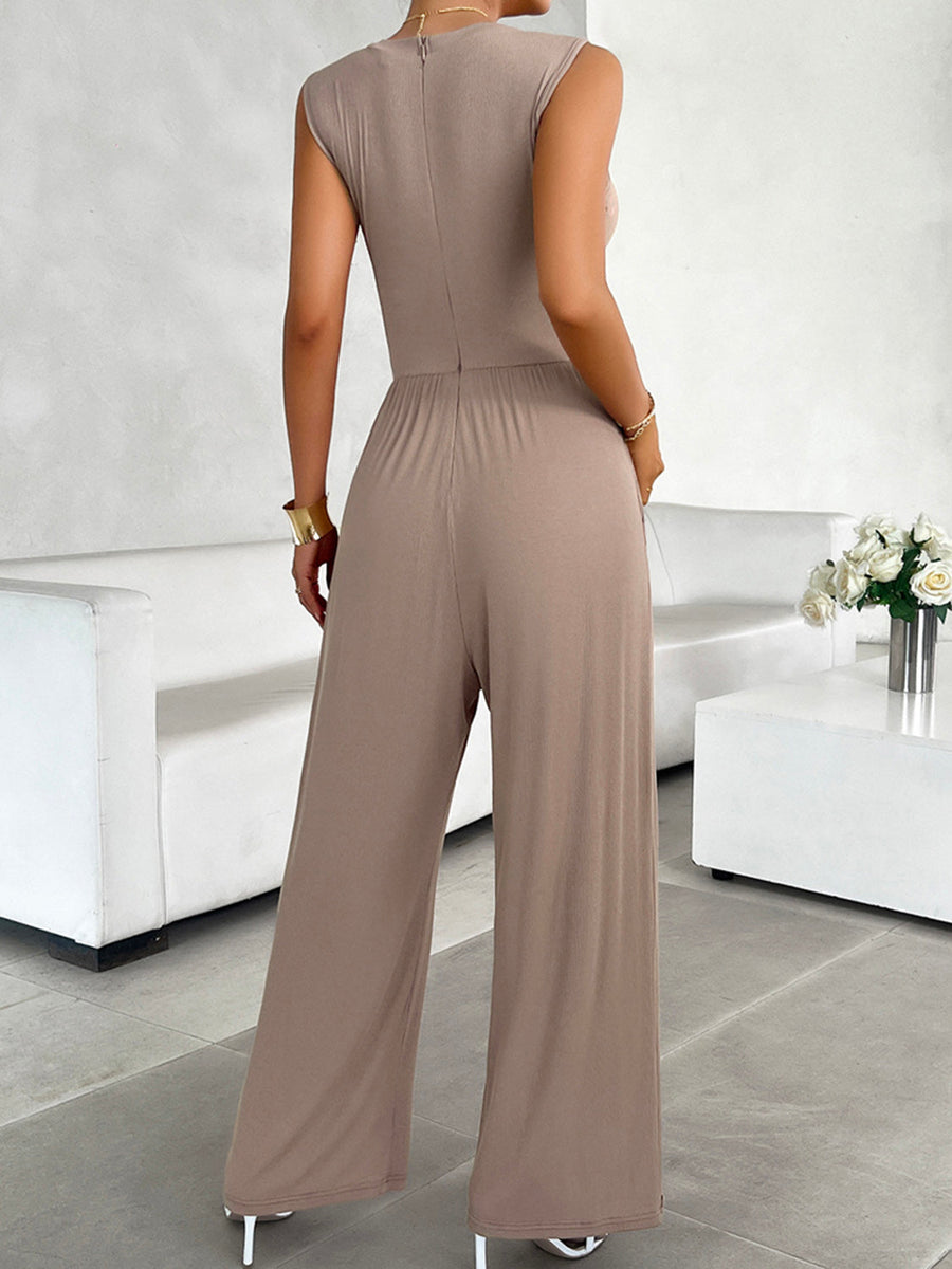 Mocha ribbed bodice wide leg jumpsuit with cap sleeves and a zipper back.