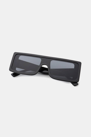 Black rectangular sunglasses with dark lenses and a bold frame.
