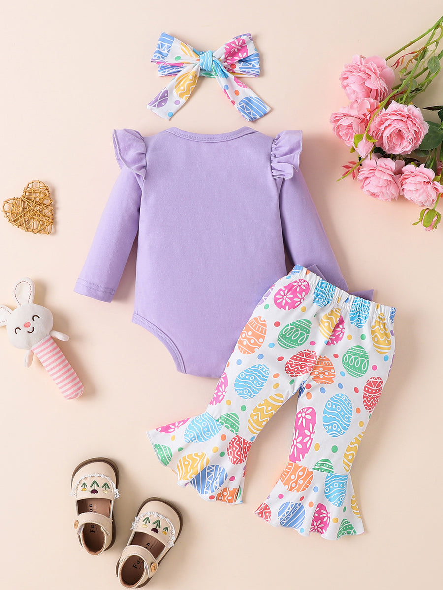 Lavender baby set with ruffled sleeves and bell-bottom pants with Easter egg print.