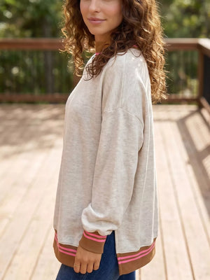 Light Gray with Ribbed Stand Neck Loose Fit Sweatshirt in Light Gray