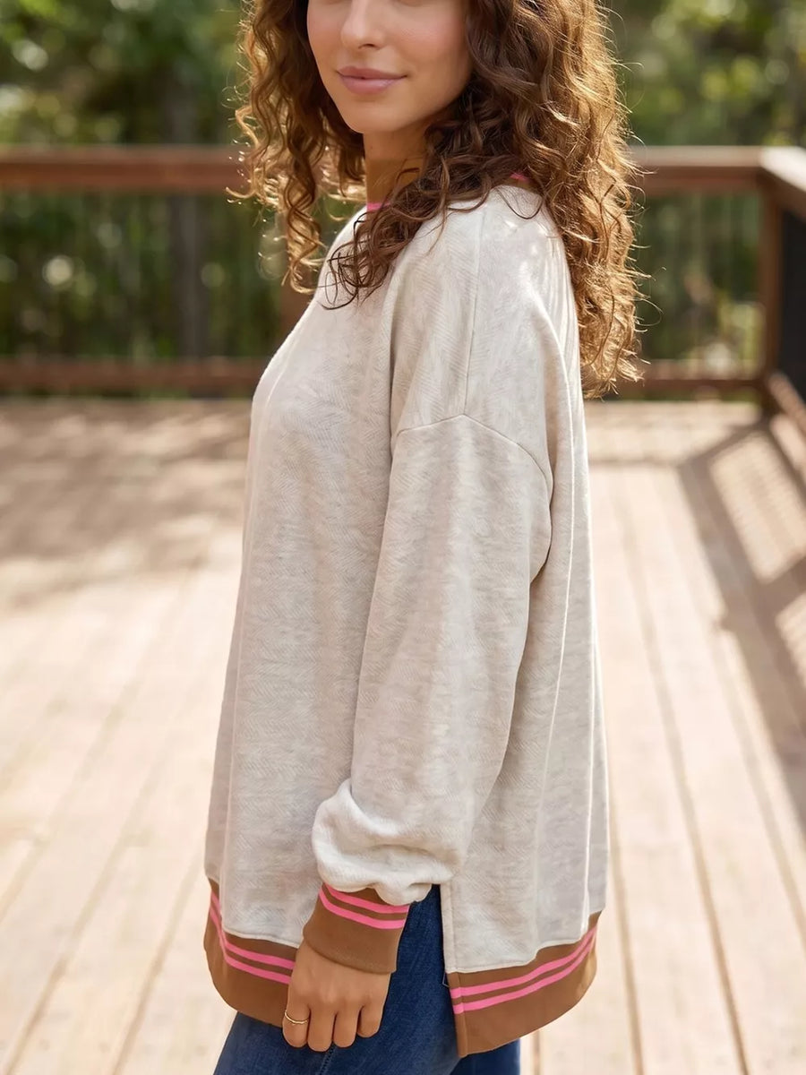 Light Gray with Ribbed Stand Neck Loose Fit Sweatshirt in Light Gray