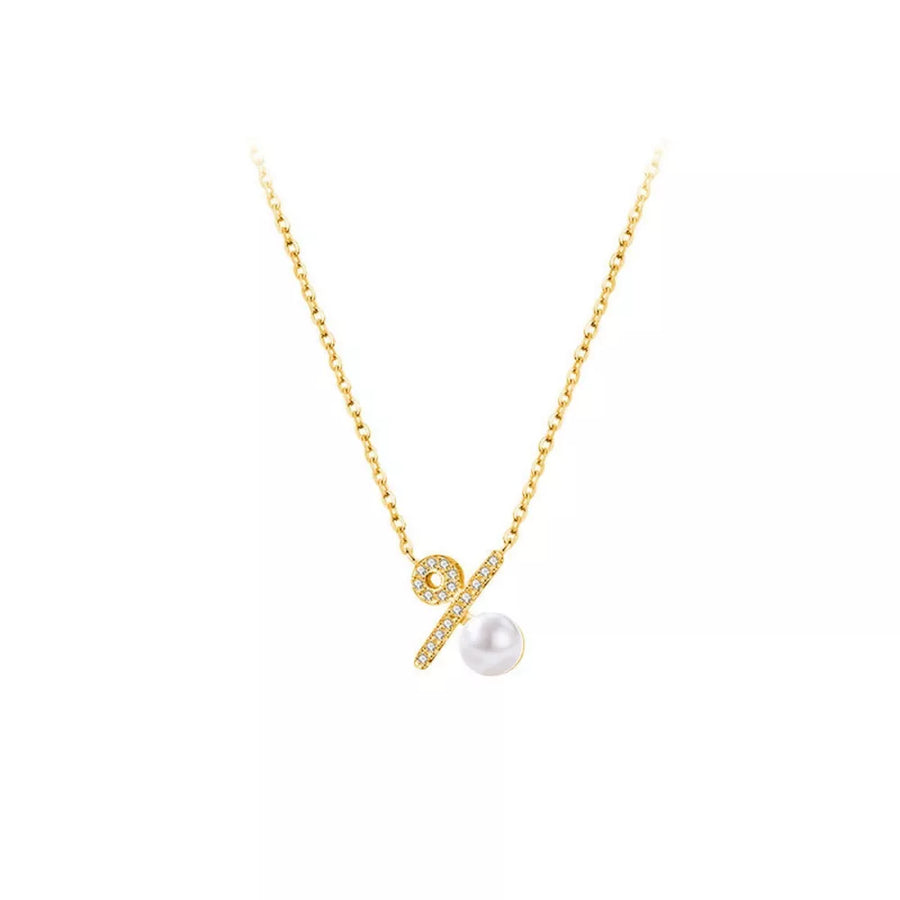 Gold necklace with percentage pendant, cubic zirconia accents, and pearl detail.