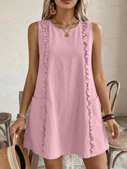 Blush pink sleeveless dress with frill trim and pockets.