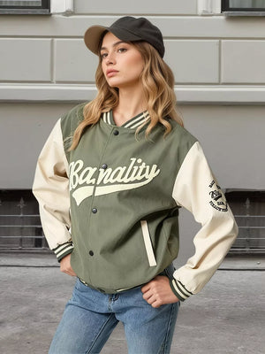 Black with Contrast Baseball Jacket With Embroidered Lettering