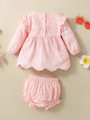 Pink embroidered lace baby top and shorts set with ruffled trim
