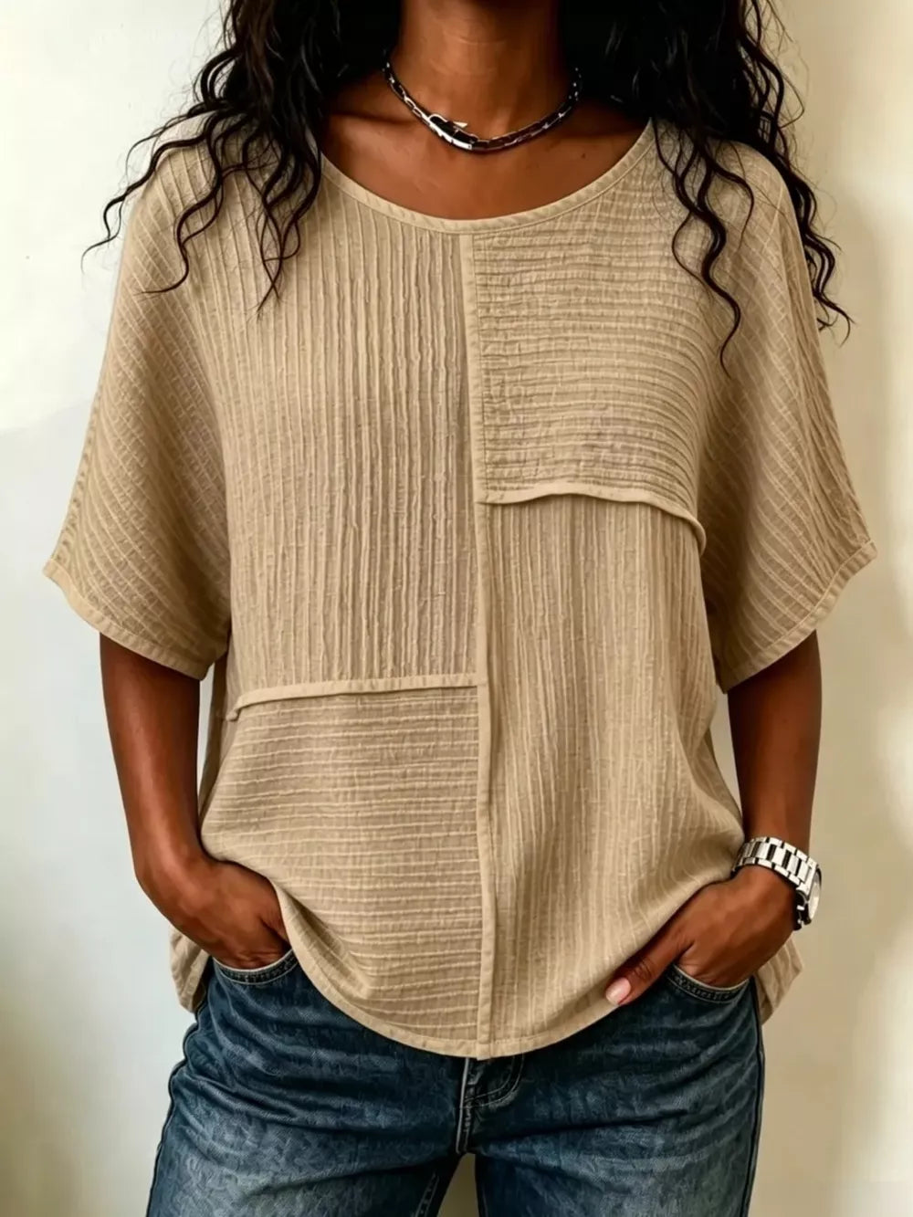 White Full Size Texture Round Neck Half Sleeve Blouse