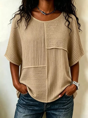 White Full Size Texture Round Neck Half Sleeve Blouse