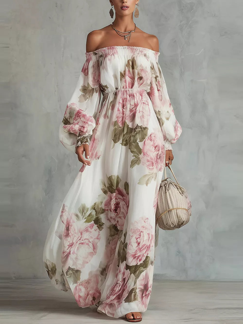 white maxi dress with floral and off-shoulder