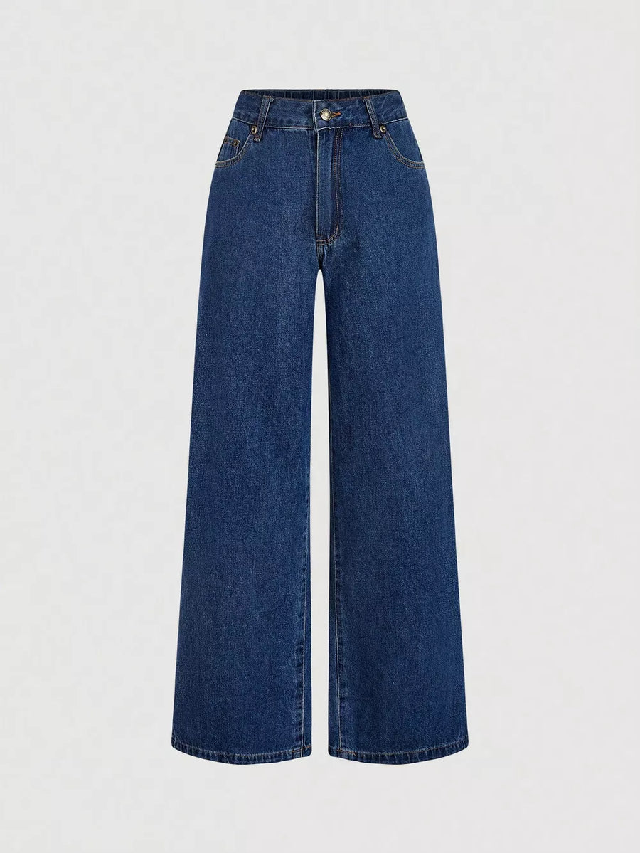 Halter Neck Denim Vest And Wide-leg Jeans Set in Dark