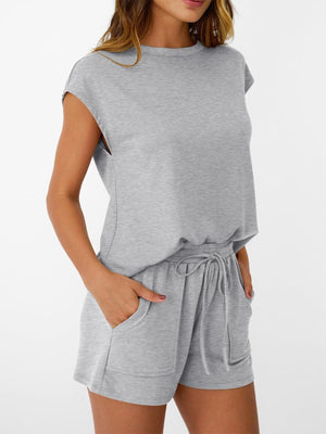 Light gray round neck cap sleeve loungewear set with drawstring shorts and pockets