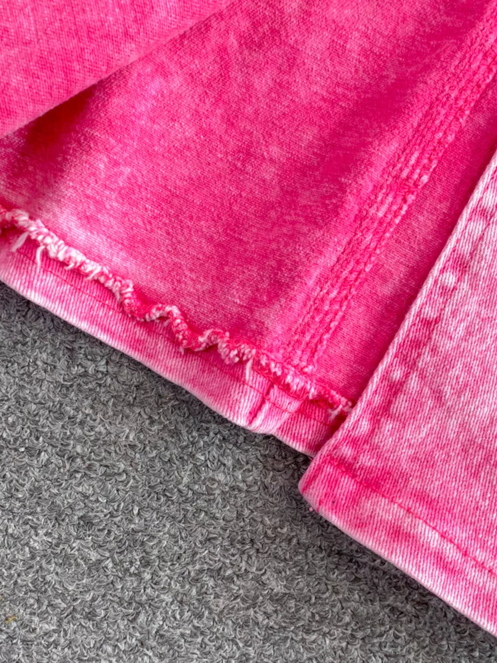 Pink denim jacket and skirt set with frayed hem detail