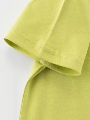 Lime green cotton t-shirt with short sleeves and double-stitched hems.