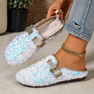 Sparkling Sequin Buckle Slip-On Loafers in Black with sequins